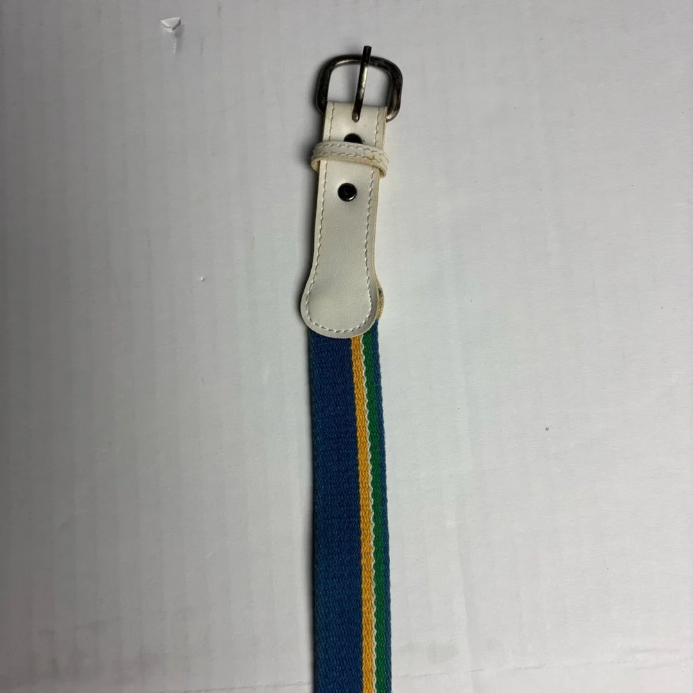Vintage Canvas Faux Leather Size 38 Belt Blue White Green Yellow Stripe Preppy